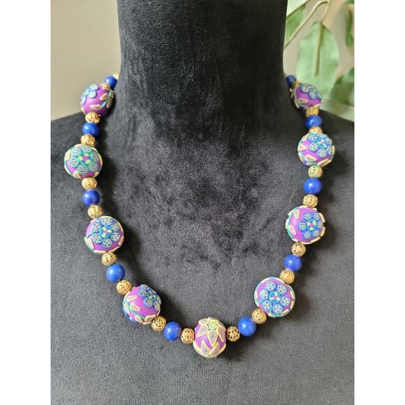 Women's Colorful Beaded Necklace With Polymer Clay Beads Lapis Beads Toggle Lock - Picture 1 of 7